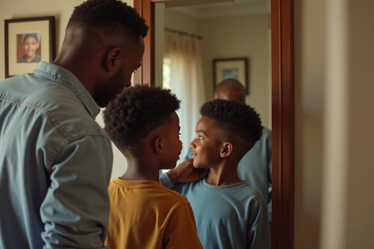 Père et fils admirant la coupe de cheveux dans le miroir