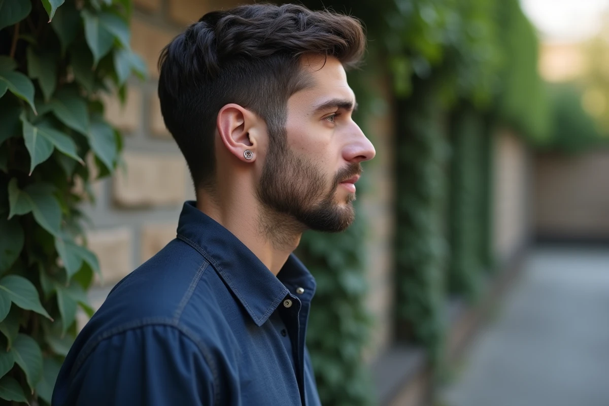 Homme de profil présentant un piercing daith, conch et lobe sur l'oreille gauche avec des bijoux en titane et en or