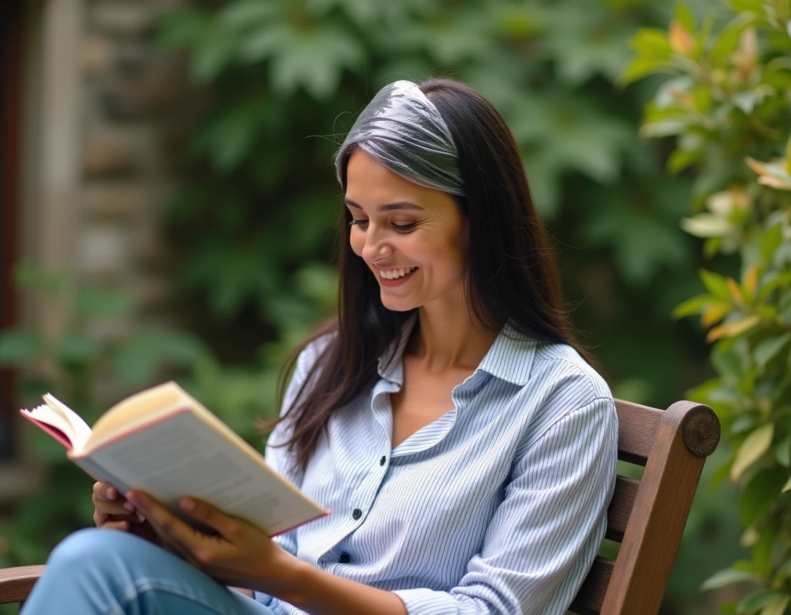 Femme avec un soin henné enveloppé dans les cheveux assise dans le jardin en attendant la pose