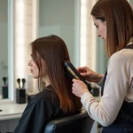 Pose de tape in extensions cheveux mi-longs en salon de coiffure professionnel