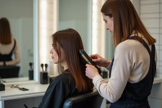 Pose de tape in extensions cheveux mi-longs en salon de coiffure professionnel