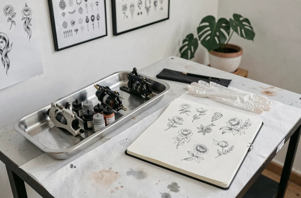 Plan de travail d'un tatoueur spécialisé en tatouage fin et minimaliste avec machines et carnets de croquis dans un studio de Toulouse