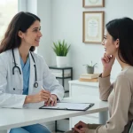 Dermatologue expliquant le déroulement d'une première consultation laser à une patiente dans un cabinet médical moderne