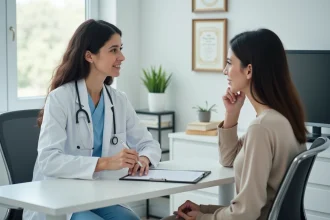 Dermatologue expliquant le déroulement d'une première consultation laser à une patiente dans un cabinet médical moderne