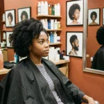 Jeune femme afro assise dans un fauteuil de salon de coiffure afro, regardant son reflet dans un miroir entouré de produits capillaires naturels