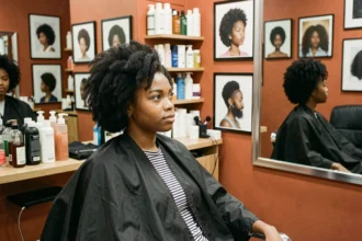 Jeune femme afro assise dans un fauteuil de salon de coiffure afro, regardant son reflet dans un miroir entouré de produits capillaires naturels