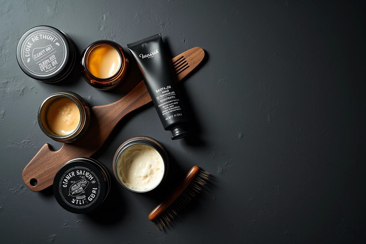 Flat lay de produits coiffants pour cheveux courts : wax, pommade, crème coiffante et accessoires professionnels