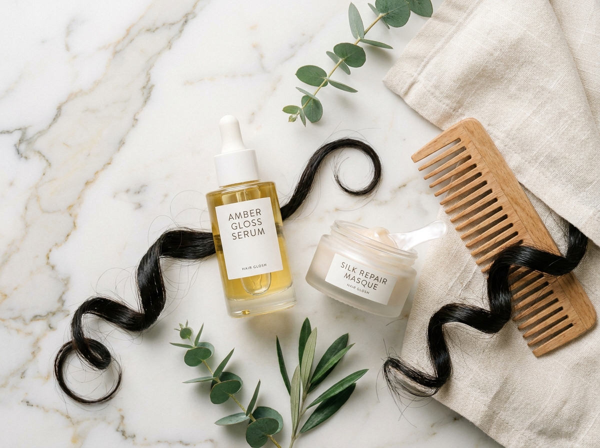 Flat-lay de produits de gloss capillaire sur marbre blanc avec accessoires de soin des cheveux