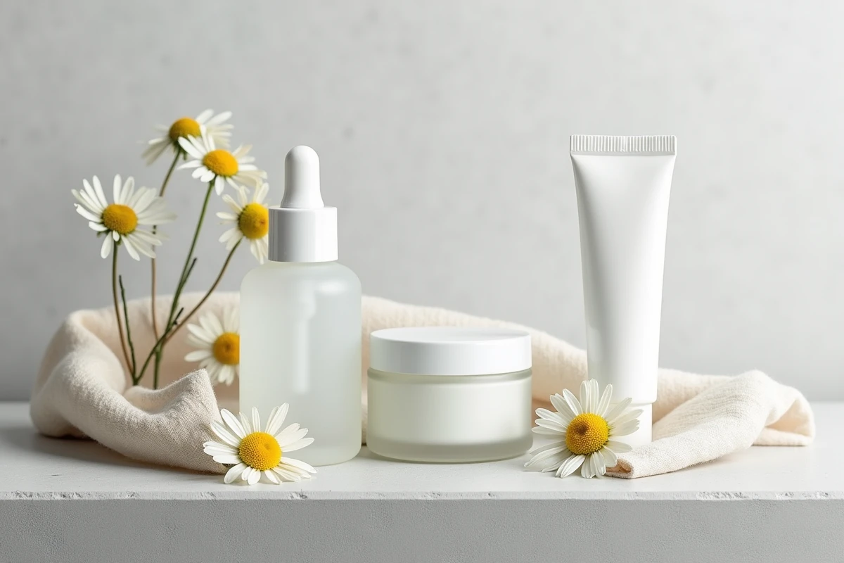 Produits de soin minimalistes pour peau rosacée posés sur béton gris avec fleurs de camomille