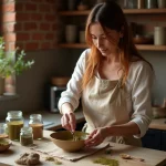 Femme préparant une recette de henné maison dans un bol en céramique sur un plan de travail en bois