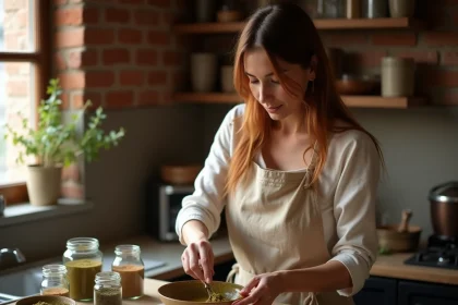 Femme préparant une recette de henné maison dans un bol en céramique sur un plan de travail en bois