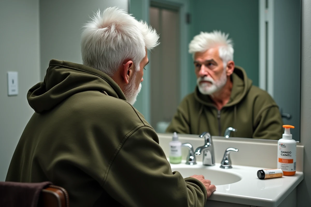 Homme aux cheveux blancs inégalement teints observant le résultat raté de sa coloration capillaire dans un miroir de salle de bain