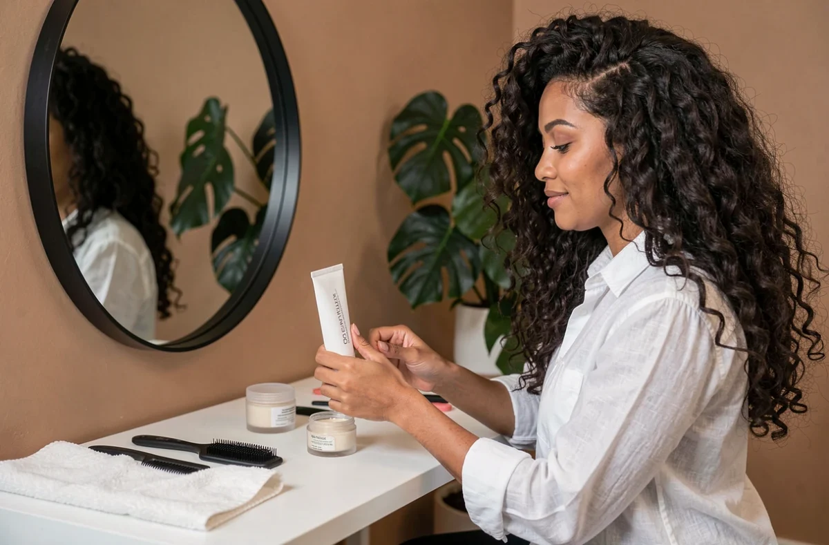Femme aux cheveux bouclés 3B arrangeant des produits coiffants gel et crème sur une coiffeuse minimaliste