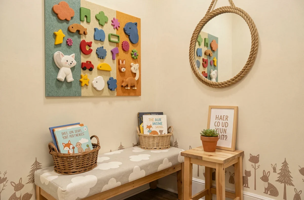Coin salle d'attente d'un salon de coiffure enfant avec banc en bois, livres illustrés et décoration murale apaisante