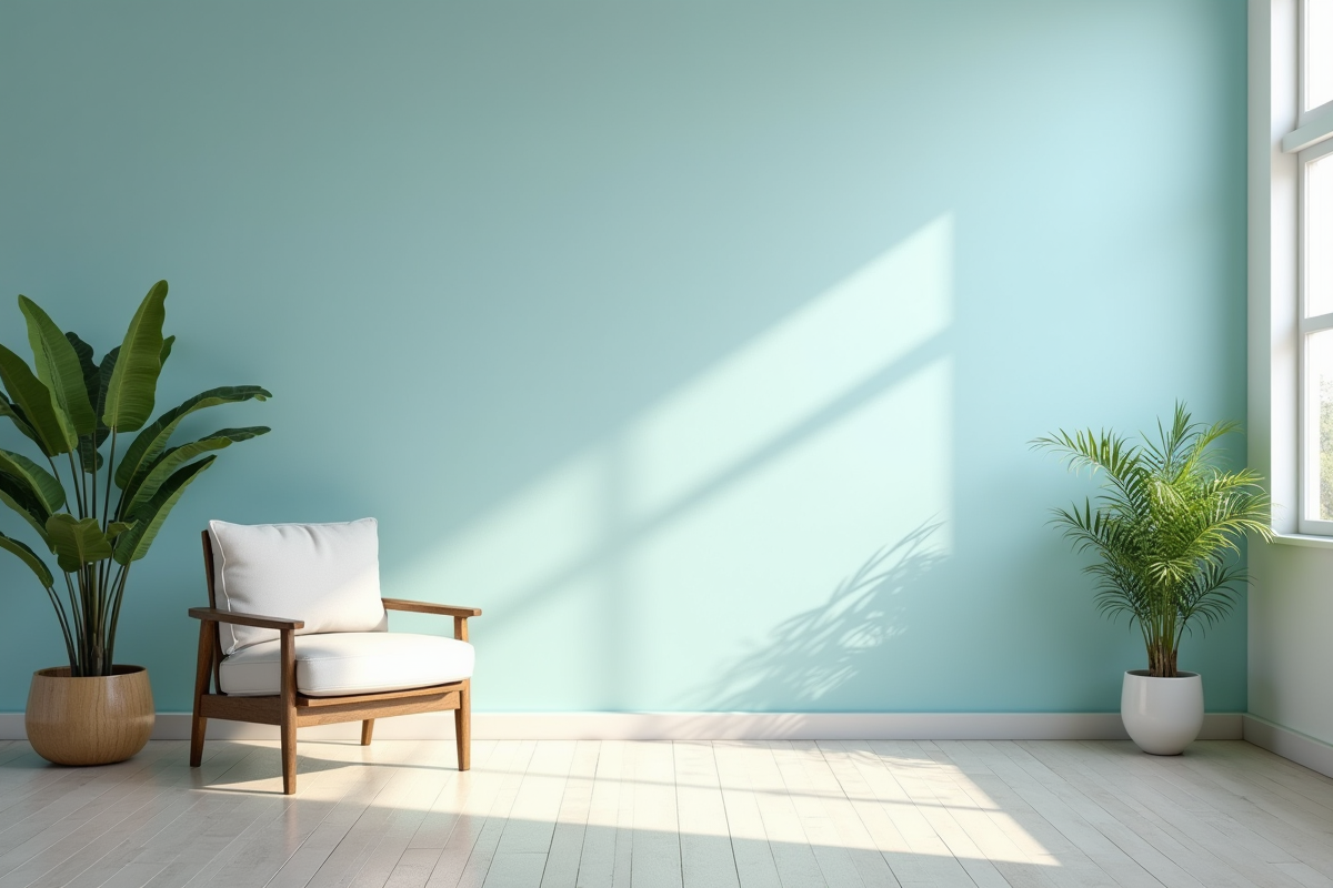 Salon minimaliste avec lumière naturelle et mur pastel bleu