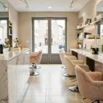 Intérieur élégant d'un salon de beauté en Nouvelle-Aquitaine, avec fauteuils coiffure, produits professionnels et ambiance moderne et lumineuse