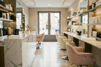 Intérieur élégant d'un salon de beauté en Nouvelle-Aquitaine, avec fauteuils coiffure, produits professionnels et ambiance moderne et lumineuse
