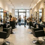 Intérieur d'un salon de coiffure moderne à Lyon avec plusieurs postes de travail, miroirs et stylistes au travail