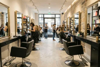 Intérieur d'un salon de coiffure moderne à Lyon avec plusieurs postes de travail, miroirs et stylistes au travail