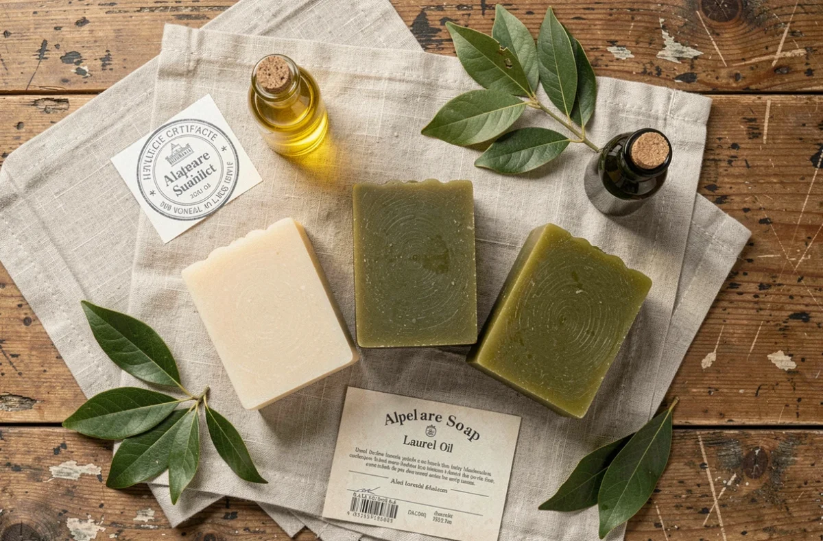Savons d'Alep avec labels de qualité, huile d'olive et huile de baies de laurier sur lin brut