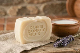 Savon artisanal au lait d'ânesse posé sur bois rustique avec bol de lait et lavande séchée