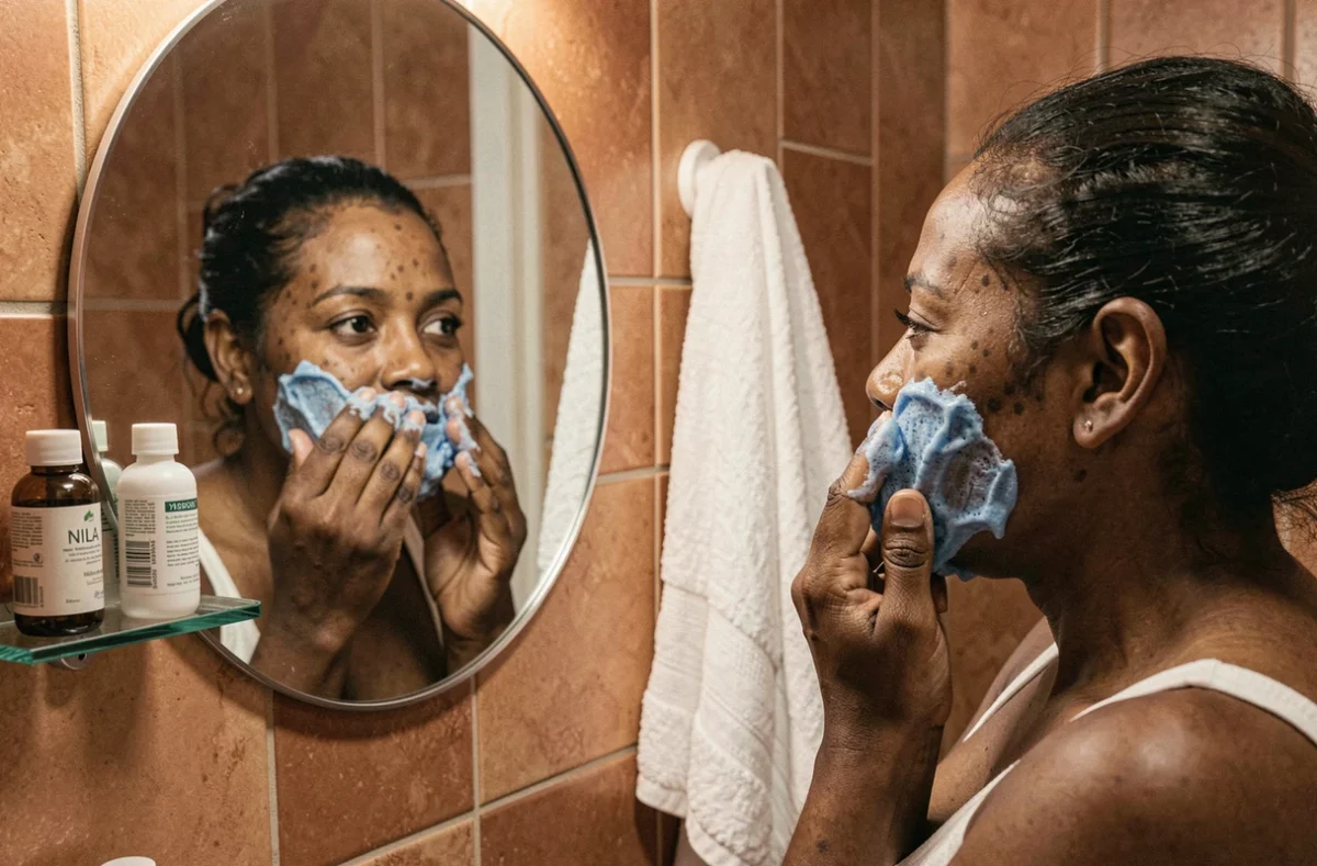 Femme appliquant la mousse du savon Nila bleu sur son visage devant un miroir, montrant une routine contre les taches pigmentaires sur peau foncée