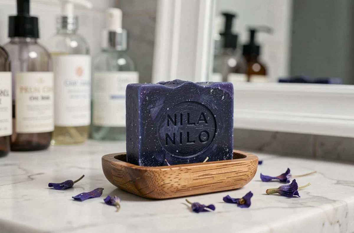 Gros plan sur un savon Nila bleu artisanal posé sur un porte-savon en bois, entouré de pétales séchés sur un comptoir en marbre