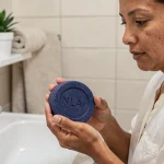 Femme tenant un savon Nila bleu dans ses mains au-dessus d'un lavabo, illustrant une routine de soin contre les taches pigmentaires