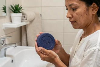 Femme tenant un savon Nila bleu dans ses mains au-dessus d'un lavabo, illustrant une routine de soin contre les taches pigmentaires