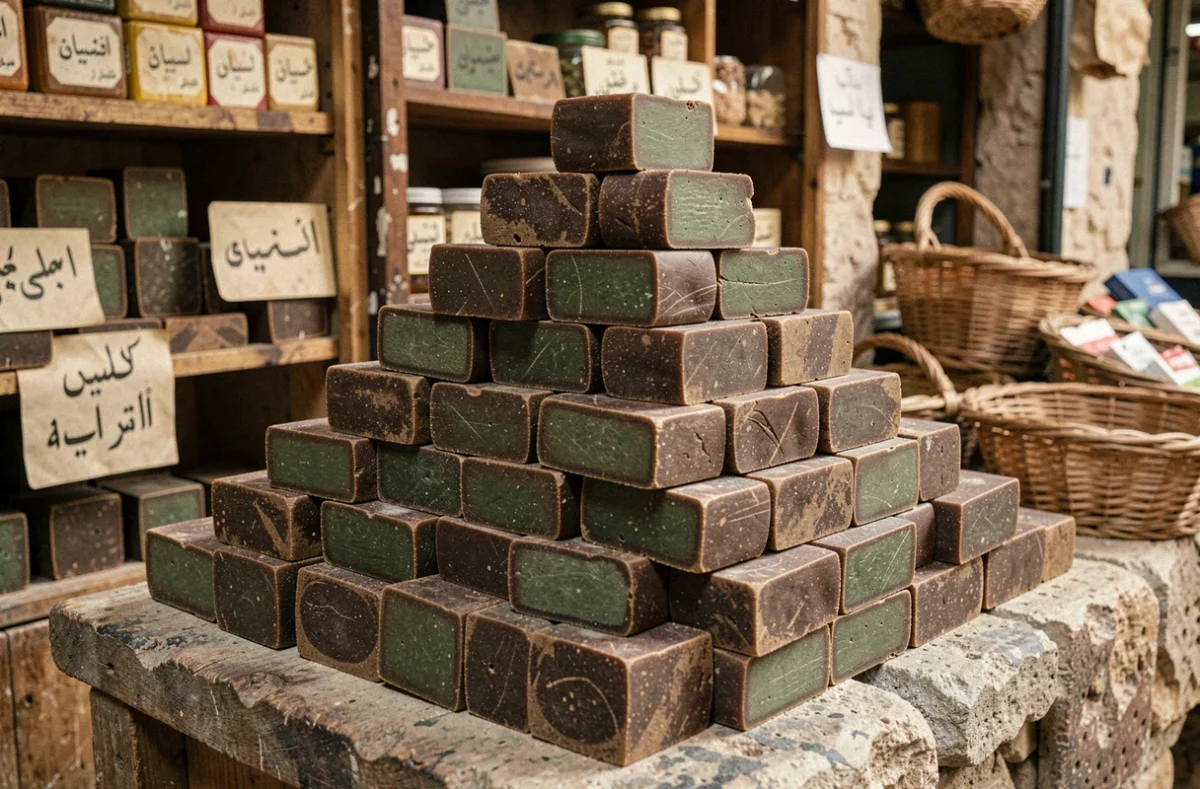 Piles de savons d'Alep authentiques avec croûte brune et cœur vert dans un souk traditionnel