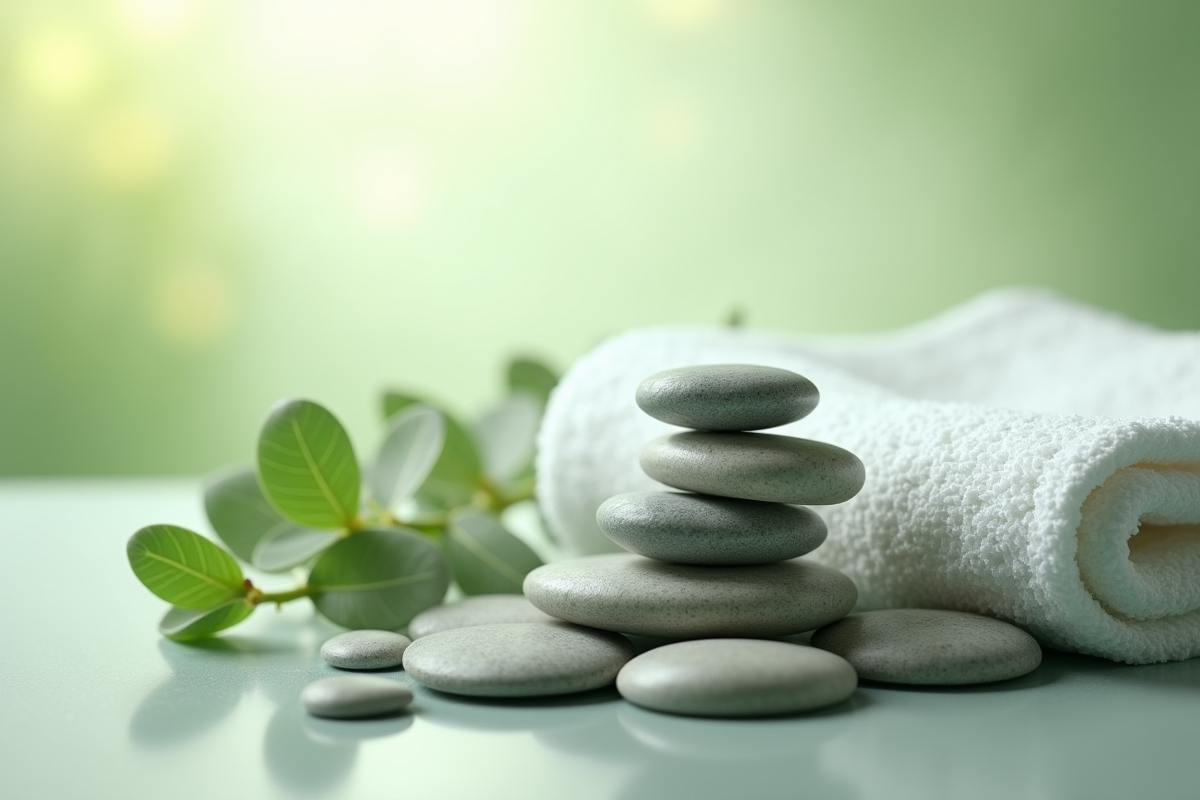 Scène spa apaisante avec galets et eucalyptus verts