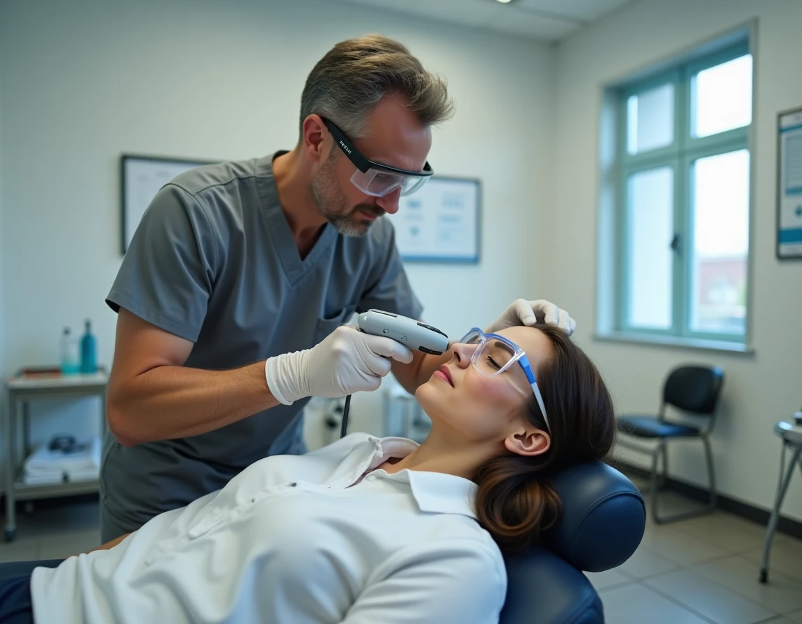 Technicien laser réalisant une séance de détatouage de sourcil permanent sur une cliente dans un studio spécialisé Ray studios