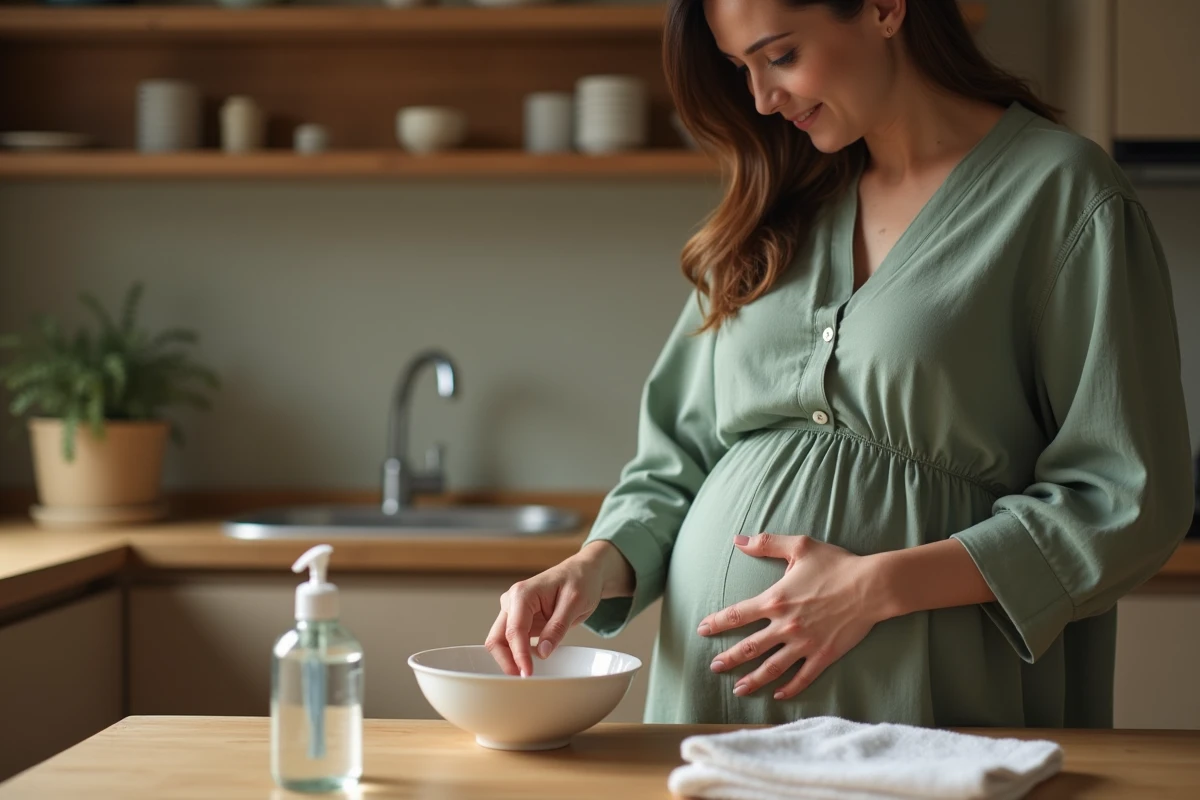 Femme enceinte effectuant un soin maison pour une infiltration de l'ongle avec un bain de doigt antiseptique