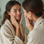 Femme en robe de lin se massant le visage dans une ambiance sereine