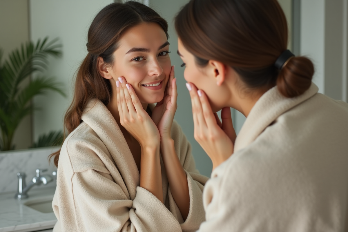 Femme en robe de lin se massant le visage dans une ambiance sereine