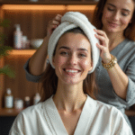 Femme souriante recevant un soin capillaire dans un salon moderne