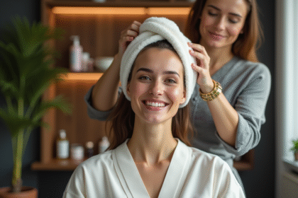 Femme souriante recevant un soin capillaire dans un salon moderne