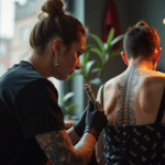 Tatoueur travaillant sur un tatouage dorsal dans un studio moderne