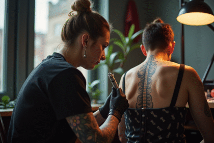 Tatoueur travaillant sur un tatouage dorsal dans un studio moderne