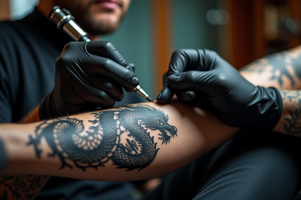 Tatoueur appliquant un tatouage de dragon japonais en noir et gris