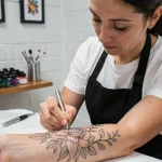Tatoueuse réalisant un tatouage fin et minimaliste sur l'avant-bras d'une cliente dans un salon de tatouage moderne à Toulouse