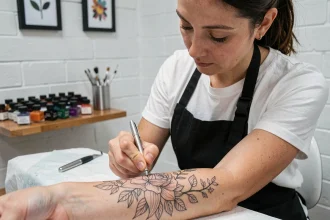 Tatoueuse réalisant un tatouage fin et minimaliste sur l'avant-bras d'une cliente dans un salon de tatouage moderne à Toulouse