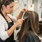 Coiffeuse professionnelle appliquant un balayage sur cheveux bruns longs dans un salon moderne, technique au pinceau et feuilles d'aluminium, style éditorial réaliste