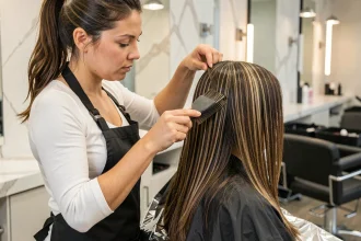Coiffeuse professionnelle appliquant un balayage sur cheveux bruns longs dans un salon moderne, technique au pinceau et feuilles d'aluminium, style éditorial réaliste