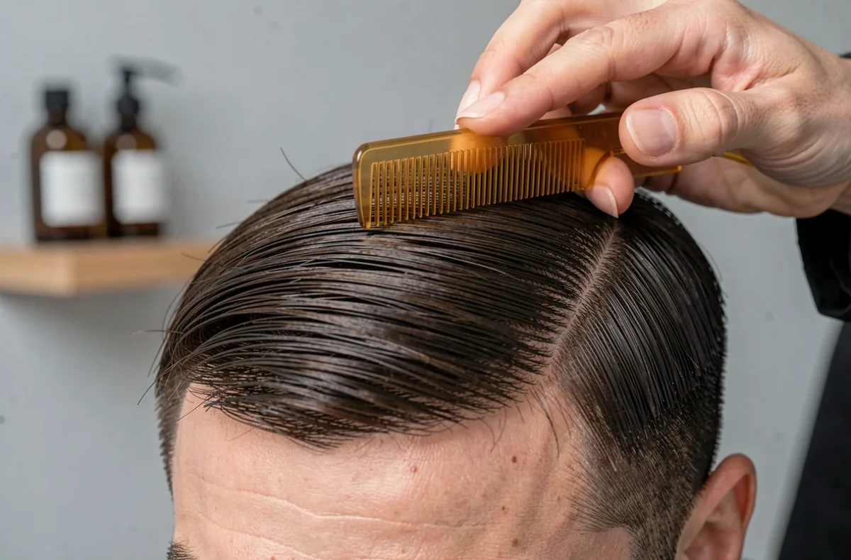 Gros plan sur la technique de peigne pour une coupe casquette lisse sur cheveux épais et denses