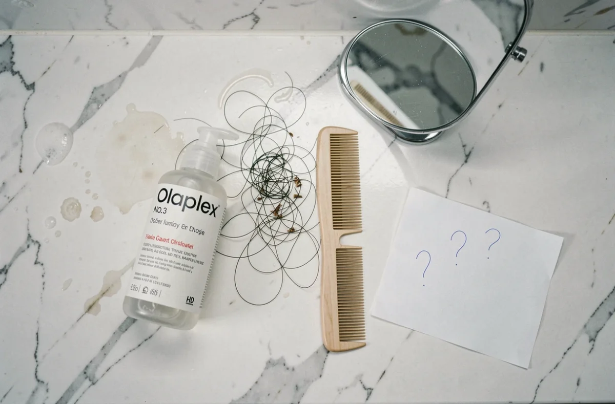 Gros plan d'une bouteille Olaplex posée sur une étagère de salle de bain avec un peigne abîmé et des cheveux cassés illustrant un bilan négatif du produit