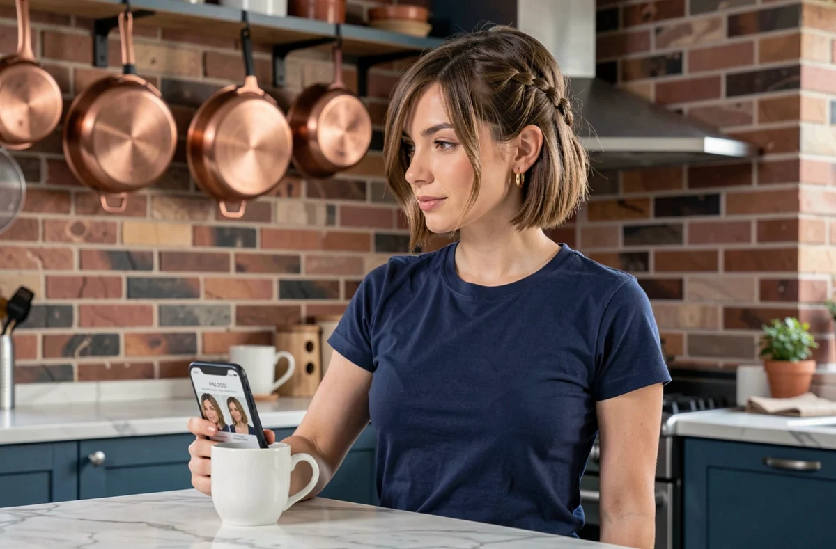 Jeune femme en cuisine transformant son carré court en tresse rapide en suivant un tutoriel sur téléphone