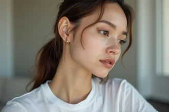 Jeune femme montrant plusieurs piercings d'oreille dont un helix, un lobe et un tragus avec des bijoux dorés minimalistes